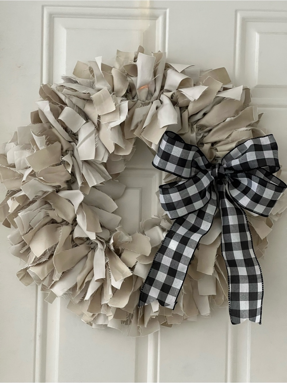 Neutral Beige Fabric Holiday Wreath with Black Gingham Bow